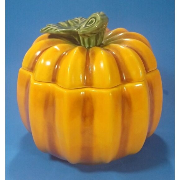Majolica Pottery  Pumpkin Tureen Candy Dish Cookie Jar Bowl Lid Olfaire Portugal - Picture 2 of 14